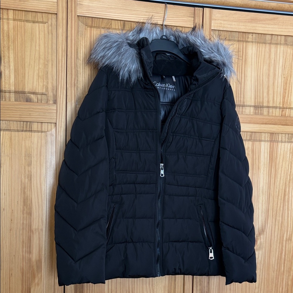Calvin Klein Black Puffer with Gray Fur Trim